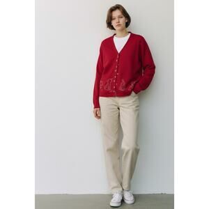 Vintage Red Dog Knit Stitched Cardigan Size M